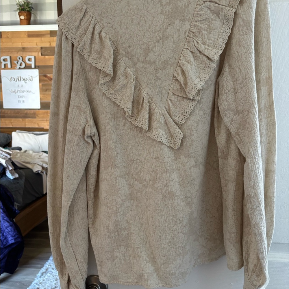 FRNCH Cream Textured Ruffle-Yoke Long Sleeve Blouse - Picture 7 of 7